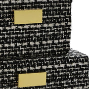 Benzara Fabric Box with Striped Pattern and Metal Lock, Set of 2, Black and Gold