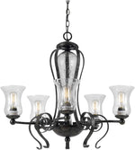 Benzara 5 Bulb Chandelier with Scrolled Metal Frame and Glass Shades,Gray and Clear