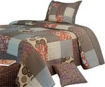 Benzara Hayes Fabric 3 Piece King Quilt Set with Medallion and Patchwork Motif,Multicolor