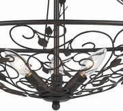 Benzara 3 Bulb Round Metal Chandelier with Scrolled and Leaf Details, Dark Bronze