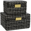 Benzara Fabric Box with Striped Pattern and Metal Lock, Set of 2, Black and Gold