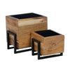Benzara Square Wooden Planter with Metal Base and Grain Details, Set of 2, Brown