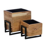 Benzara Square Wooden Planter with Metal Base and Grain Details, Set of 2, Brown
