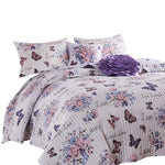Benzara 3 Piece King Size Quilt Set with Lily and Butterfly Print, Multicolor