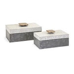 Benzara Embossed Metal Frame Lidded Box, Set of 2, Gray and Brass
