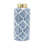 Sagebrook Home 14810-08 Ceramic, 13" Floral Jar With Gold Lid, Blue