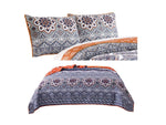 Benzara Thelon 3 Piece Queen Size Fabric Quilt Set with Damask Prints, Gray and Orange