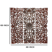 Benzara Three Piece Wooden Wall Panel Set with Traditional Scrollwork and Floral Details, Brown