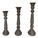 Benzara Handmade Wooden Candle Holder with Ribbed Pattern, Brown and Gray, Set of 3