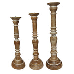 Benzara Handcrafted Distressed Wooden Candle Holder with Pedestal Body, Brown, Set of 3