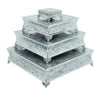 Benzara Square Aluminum Cake Stand with Classic Embossed Details, Set of 4, Silver