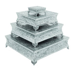Benzara Square Aluminum Cake Stand with Classic Embossed Details, Set of 4, Silver