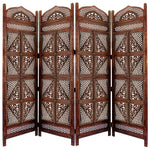 Benzara Traditional Four Panel Wooden Room Divider with Hand Carved Details, Antique Brown