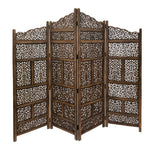 Benzara Hand Carved Foldable 4 Panel Wooden Partition Screen/Room Divider, Brown