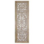 Benzara Rectangular Mango Wood Wall Panel Hand Crafted With Intricate Carving, White and Brown