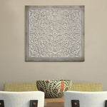 Benzara Square Shape Wooden Wall Panel with Cutout Sprig Pattern, Distressed White