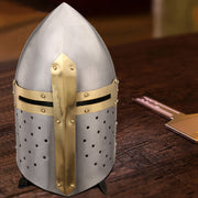 Benzara Medieval Metal Crusader Helmet, Gold and Silver