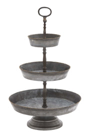 Benzara Galvanized 3 Tier Studded Tray in Metal, Silver