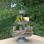 Benzara Galvanized 3 Tier Studded Tray in Metal, Silver