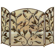 Benzara Mesh Design 3 Panel Metal Fire Screen with Leaf Motif, Bronze