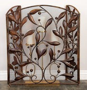 Benzara Mesh Design 3 Panel Metal Fire Screen with Leaf Motif, Bronze