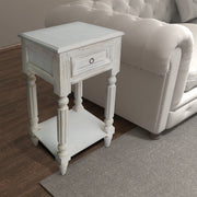 Benzara Spacious Mango Wood Side Table with Metal Ring Handle, Washed White