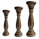 Benzara Handmade Wooden Candle Holder with Pillar Base Support, Distressed Brown, Set of 3