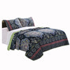 Benzara BM116982 3 Piece Full Size Quilt Set with Medallion Print, Dark Blue and Green