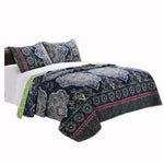 Benzara BM116983 3 Piece King Size Quilt Set with Medallion Print, Dark Blue and Green