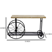 Benzara Sofa Console Table With Wooden Top And Metal Wheels Base, Brown And Black