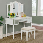 Benzara 3 Drawer Vanity Desk with Mirror Panel Inserts and Stool, Set of 3, White