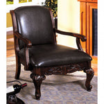 Benzara Leatherette Wooden Accent Chair with Hand Carved Legs, Espresso Brown