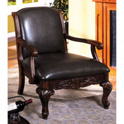 Benzara Leatherette Wooden Accent Chair with Hand Carved Legs, Espresso Brown