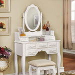 Benzara Wooden Vanity Table Set with Padded Stool and 7 Drawers, White