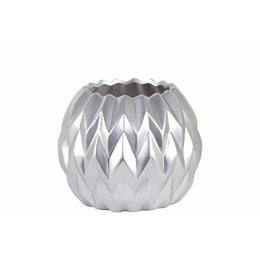 Round Low Vase with Uneven Lip, Wave Design Small Silver Benzara