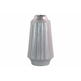 Round Vase with Round Lip Ribbed Design Body Large Silver Benzara