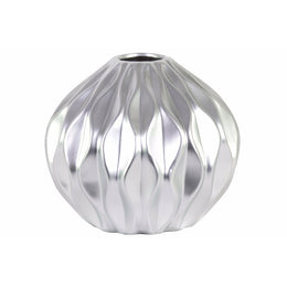 Round Low Vase with Round and Small Lip, Wave Design Silver Benzara