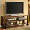 Benzara 60 inches Wooden TV Console with Casters and 2 Open Shelves, Dark Oak Brown