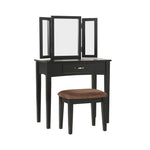 Benzara Wooden Vanity Set with 3 Sided Mirror and Padded Stool, Black