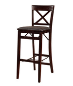 Benzara Wooden Folding Bar Stool with Cushion Seat and X Shape Backrest, Brown