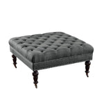 Benzara Fabric Upholstered Wooden Ottoman with Tufting Details, Gray and Black