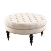 Benzara Fabric Upholstered Round Tufted Ottoman with Wood Legs,White and Black
