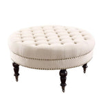 Benzara Fabric Upholstered Round Tufted Ottoman with Wood Legs,White and Black