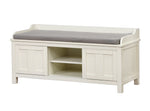 Benzara Wooden Storage Bench with Sliding Doors and Padded Seat,White and Gray