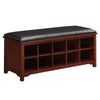 Benzara Wooden Bench with 10 Open Cubbies and Leatherette Seat, Brown