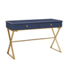 Benzara Wood and Metal Rectangular Campaign Desk with 2 Drawer, Blue and Gold