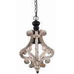 Benzara BM147075 Perth Wooden Chandelier With Metal Chain And One Bulb Holder, White