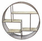 Benzara Round Metal Wall Shelf with Wooden Shelves, Brown