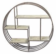 Benzara Round Metal Wall Shelf with Wooden Shelves, Brown