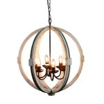 Benzara Calder Wooden Orb Shape Chandelier with Metal Chain and Six Bulb Holders, White
